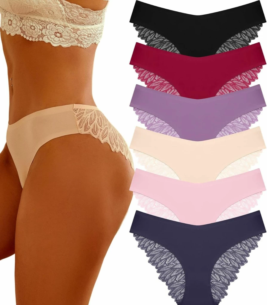 FINETOO Women's Seamless Underwear 6 Pack - Silky Lace Bikini Panties, No Show Hipster, Lightweight & Comfortable