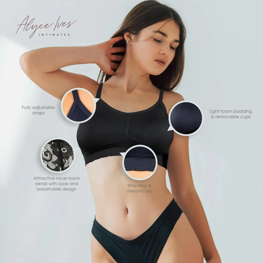 Alyce Ives Intimates Seamless Wireless Bra 5-Pack - Lightly Padded Removable Cups Racerback Bralette for Women