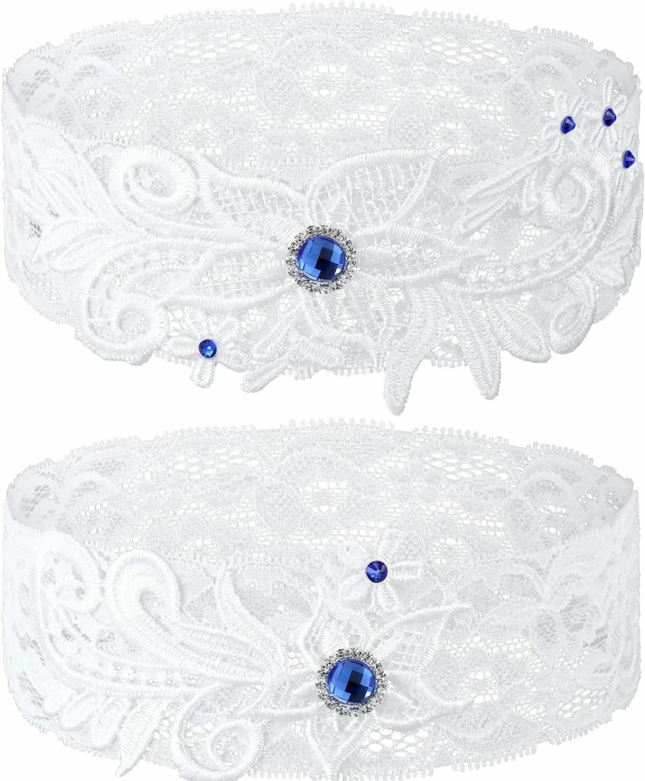 "Syhood 2-Piece Lace Wedding Garters Set with Floral Design and Blue Rhinestones for Bridal Party"
