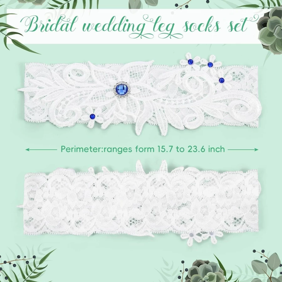 "Syhood 2-Piece Lace Wedding Garters Set with Floral Design and Blue Rhinestones for Bridal Party"