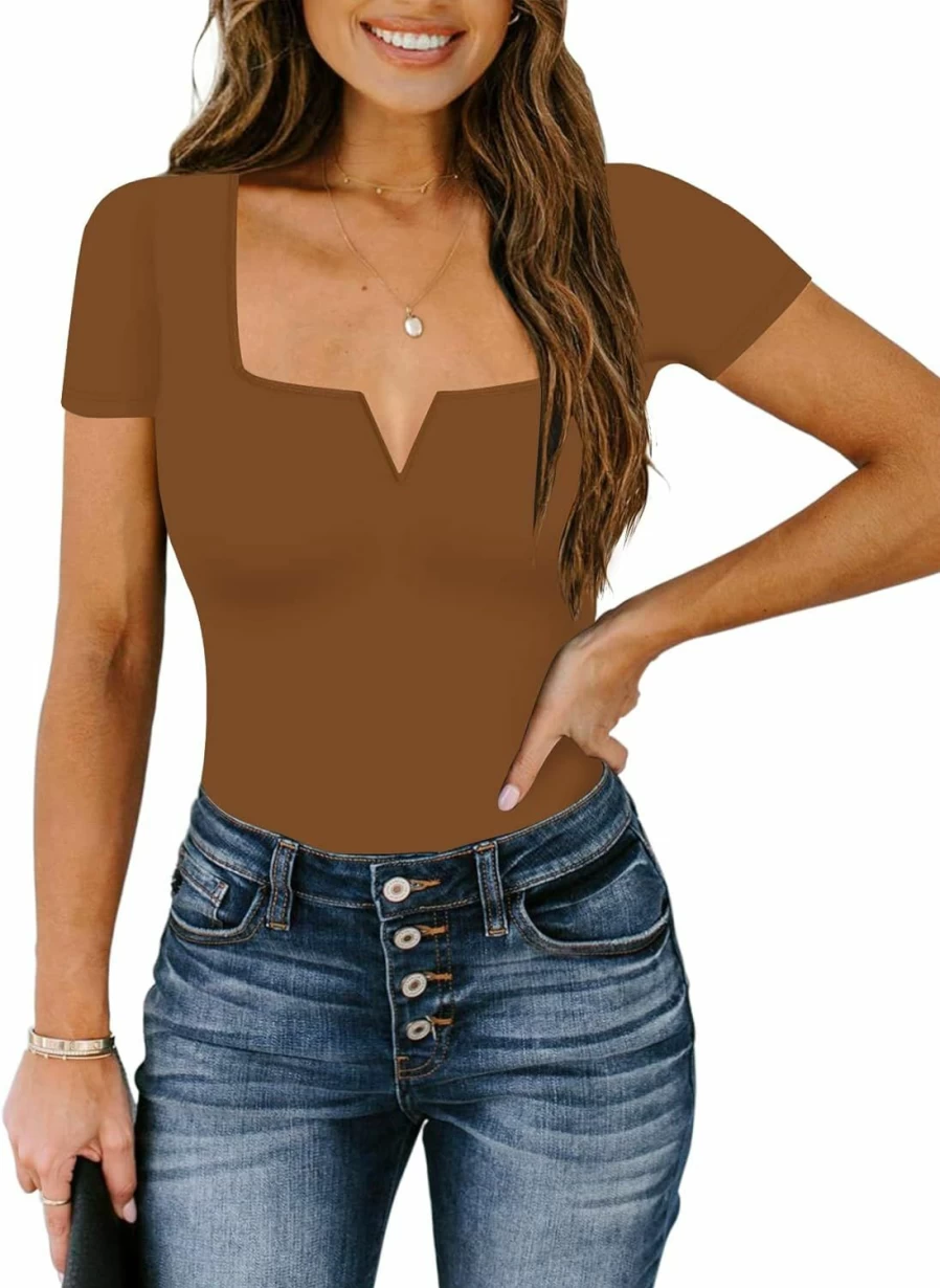 Chunpin Women's Sexy Square Neck Bodysuit - Short Sleeve Thong Tops for Women
