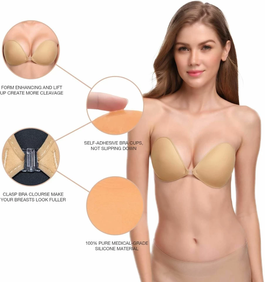 Wingslove Reusable Silicone Adhesive Bra - Strapless, Backless, Push-Up Sticky Bra for Invisible Support with Dress