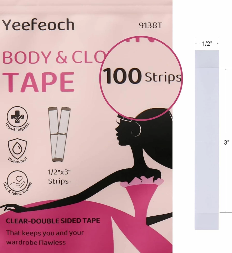 Yeefeoch Fashion Tape - 100 Strips Double Sided Transparent Body Tape for Clothes, Seamless Support, Skin-Friendly Adhesive for All Fabrics & Skin Tones