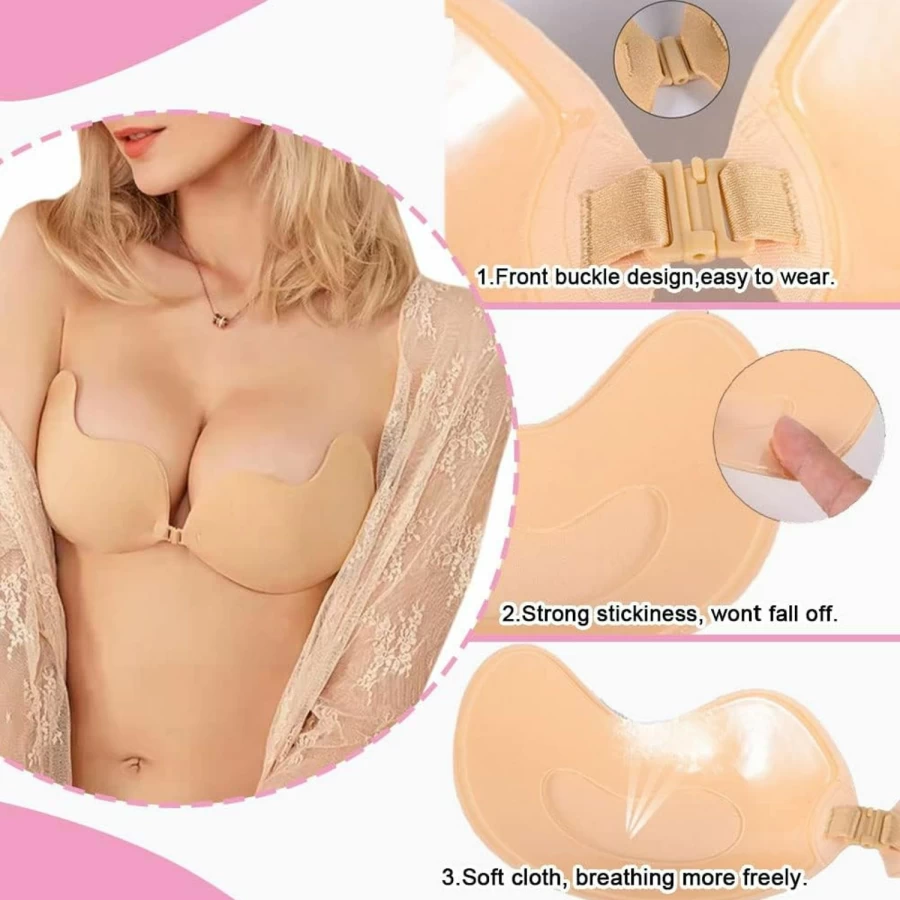 Lianxiaw 2 Pack Invisible Strapless Adhesive Bra for Women - Push Up Sticky Bra with Self Adhesive Support