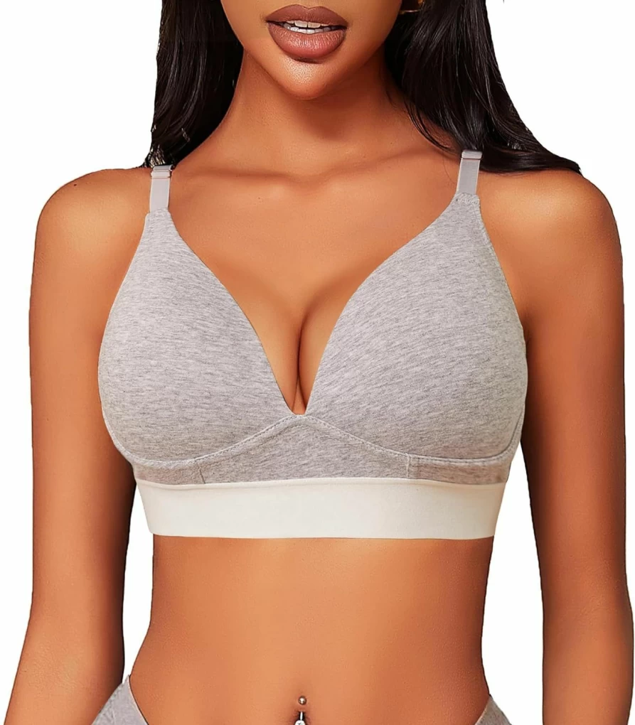 Sth Big Women's Comfort Cotton Wireless Bralette - Lightly Lined Sexy V Neck Bralette No Underwire Bra