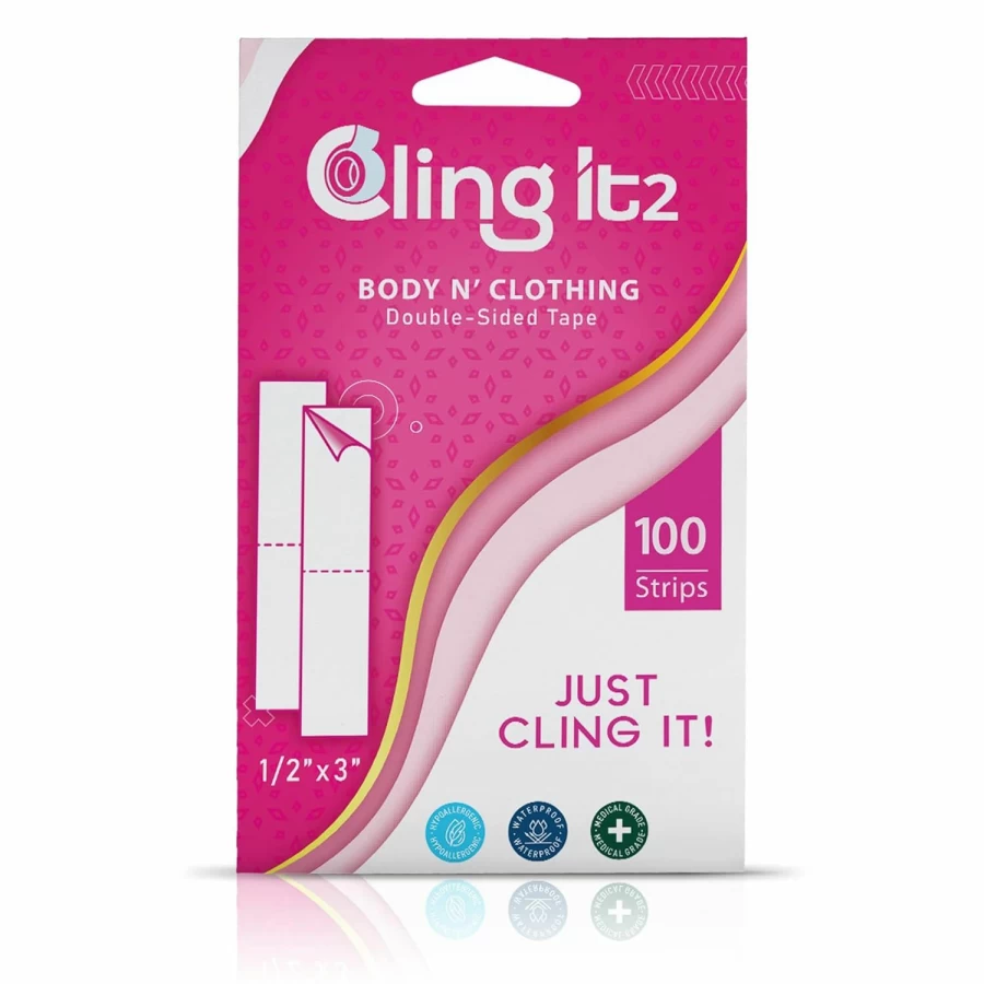 "Cling It2 Double Sided Fabric Tape - 100 Hypoallergenic Strips, Transparent Medical Grade Body Tape for Clothes & Fashion, All Skin Tones"
