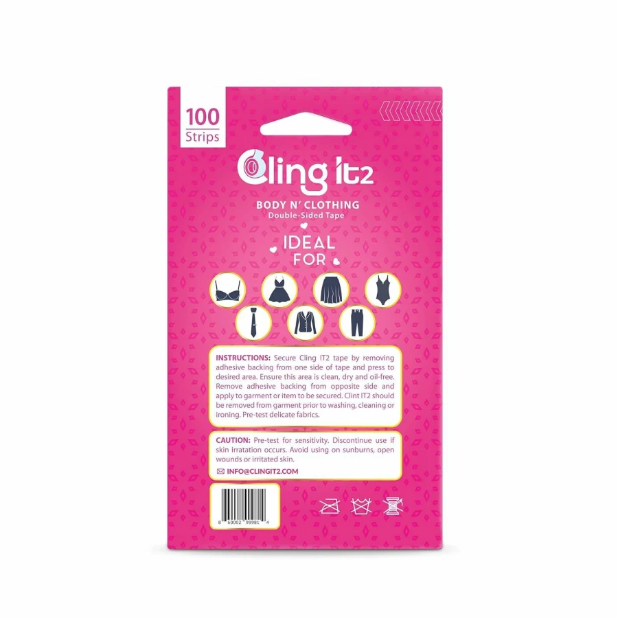 "Cling It2 Double Sided Fabric Tape - 100 Hypoallergenic Strips, Transparent Medical Grade Body Tape for Clothes & Fashion, All Skin Tones"