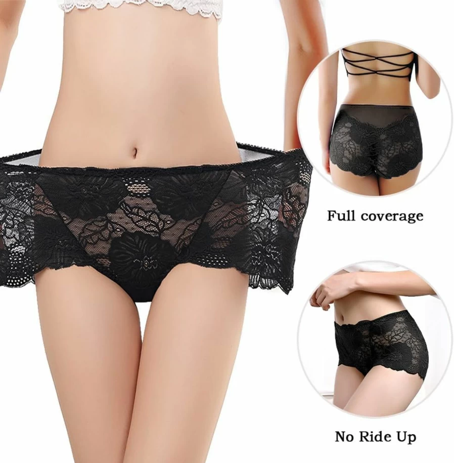 PHOLEEY Women's High Waisted Lace Panties 5-Pack - Sexy Plus Size Underwear Briefs for Ladies