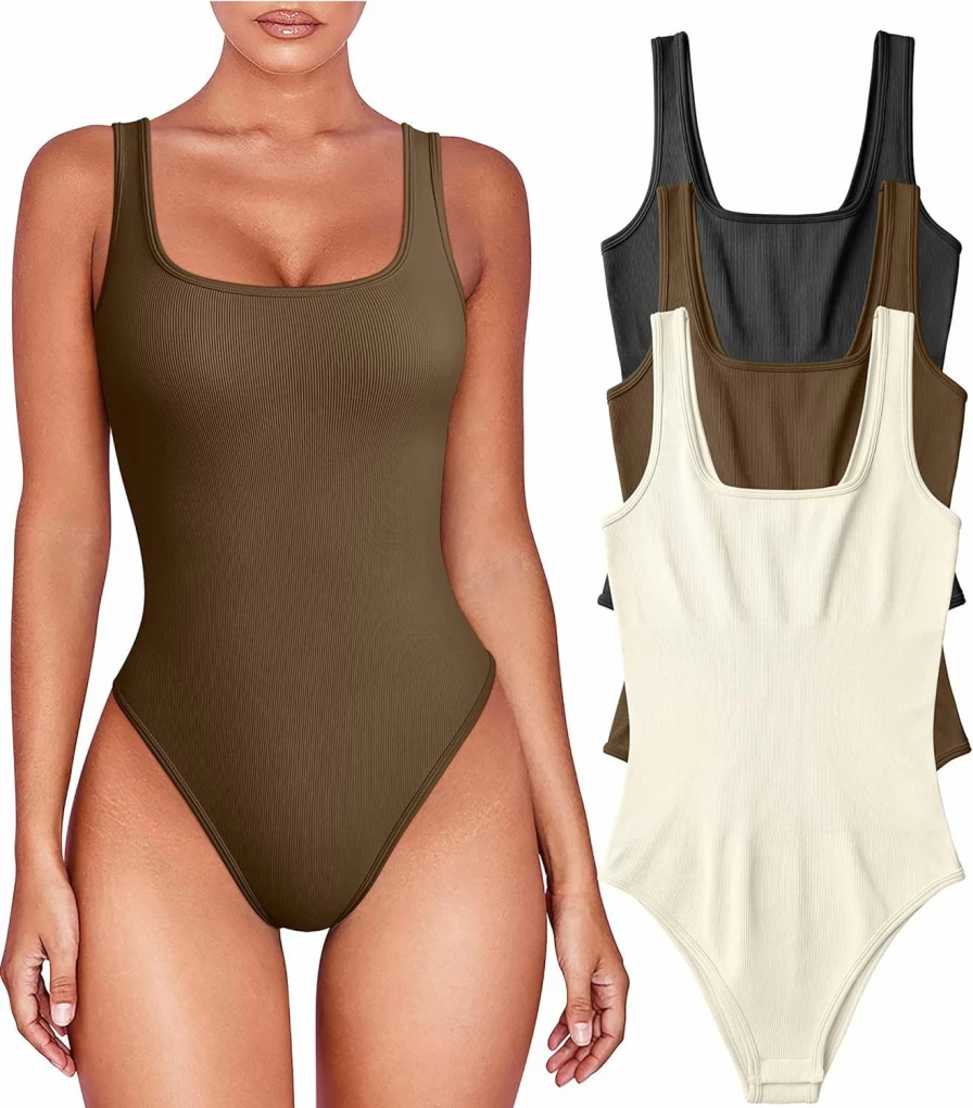 OQQ Women's Sexy 3-Piece Bodysuit Set - Sleeveless Square Neck Shapewear Tops & Stretchable Bodycon Tank Bodysuits
