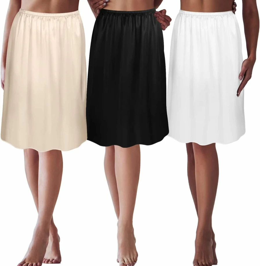 Zhanmai Women's 3-Piece Satin Half Slip Set - Anti-Static Lace Trim Underskirt for Dresses, Elegant Skirt Extender