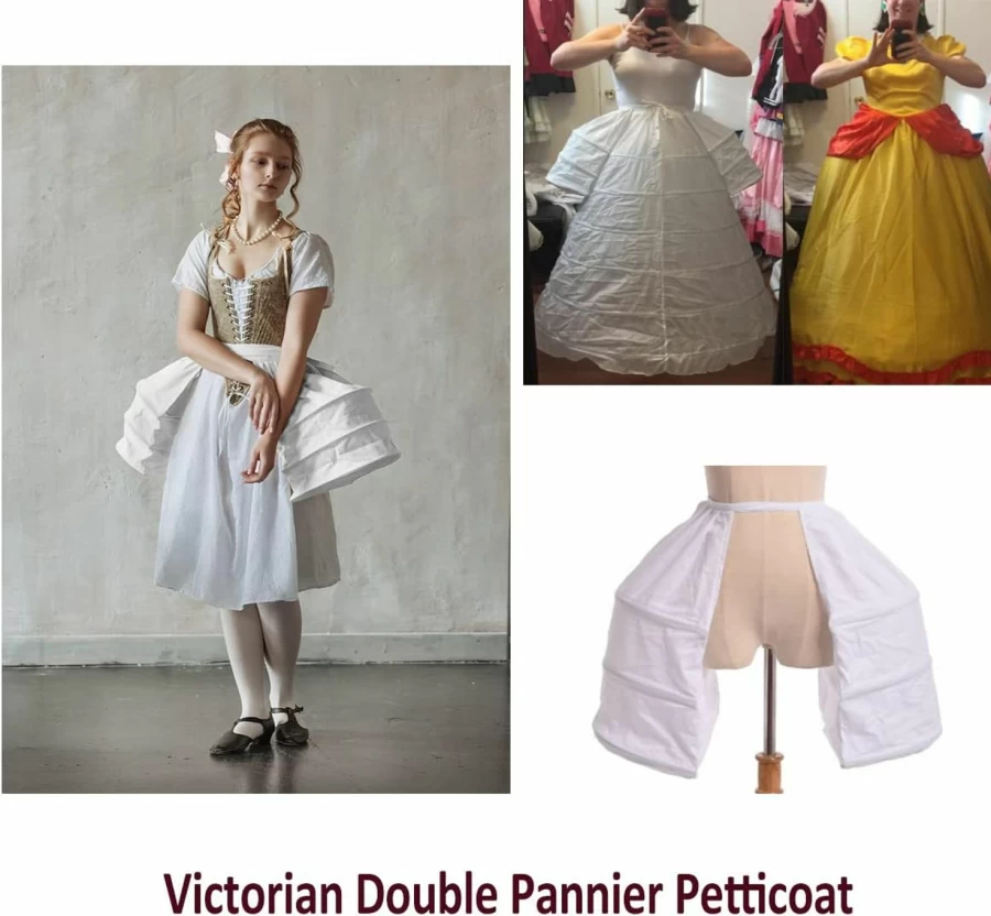 BLESSUME Victorian Era White Double Pannier Hoop Petticoat - Historical Costume Skirt for Women - One Size Adjustable Bustle Underskirt