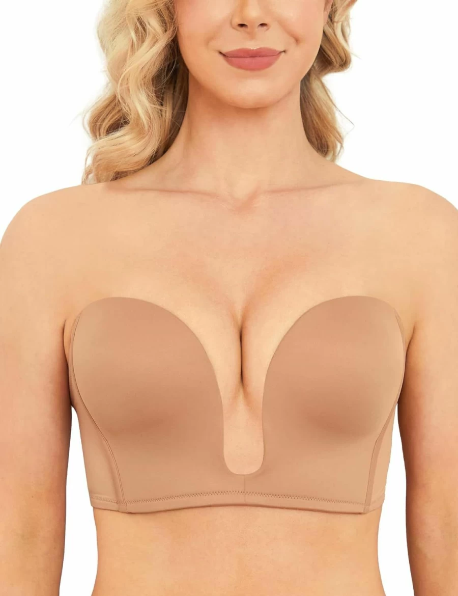 Wingslove Women's Multiway Push Up Strapless Bra - Wireless Low-Cut Plunge Convertible Bra with Clear Back for Red Carpet