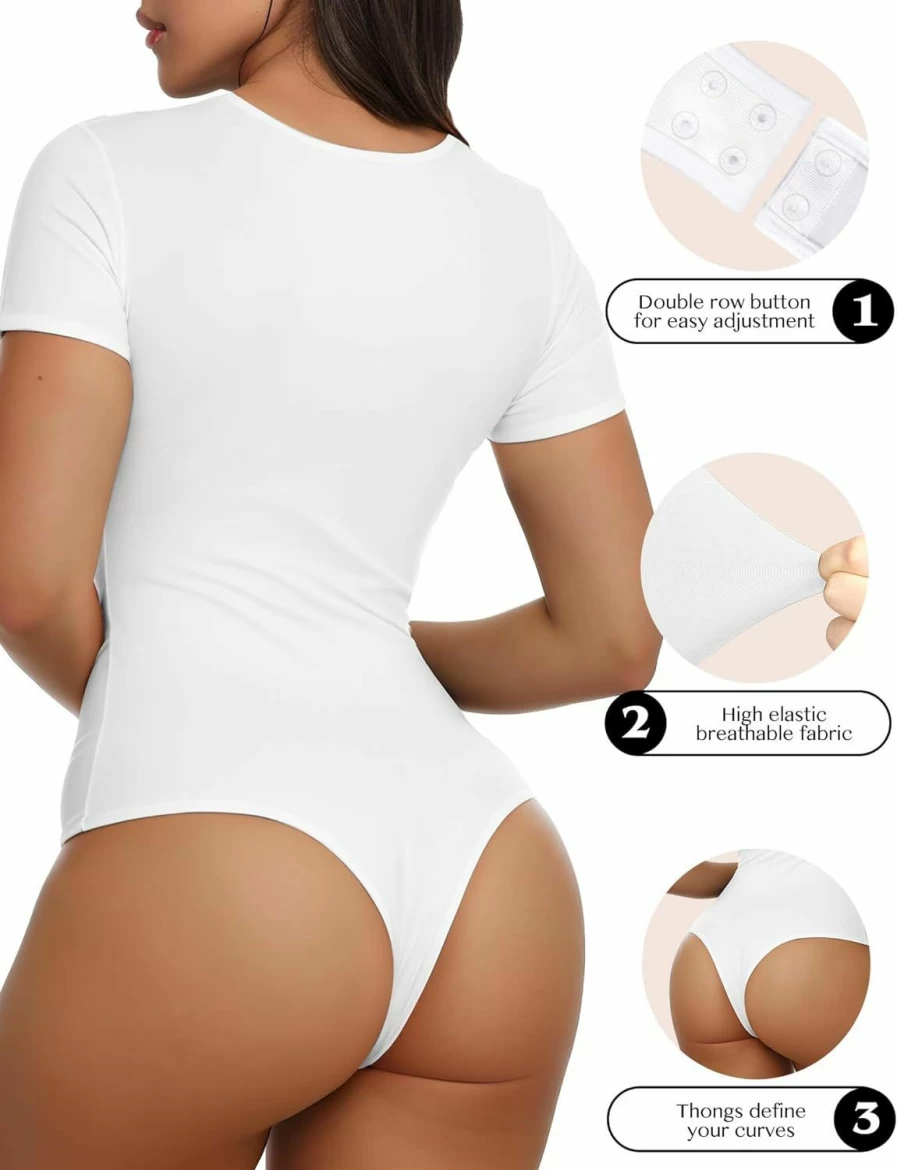 YOGINGO Women's Summer Scoop Neck Bodysuit - Short Sleeve Thong Onesie Tops in Sizes S-2XL | Basic Fashion Clothing