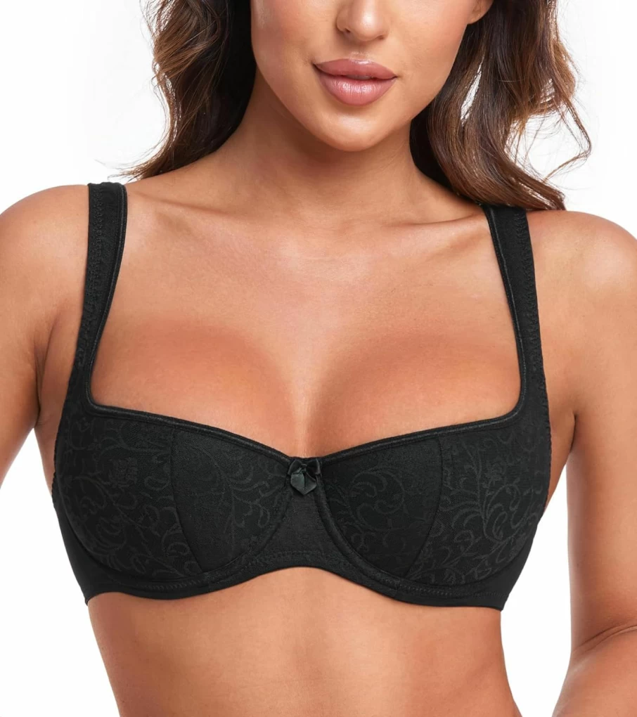 HACI Women's Sexy Balconette Bra - Demi Half Cup Push Up, Lightly Padded Underwire Low Cut Lingerie