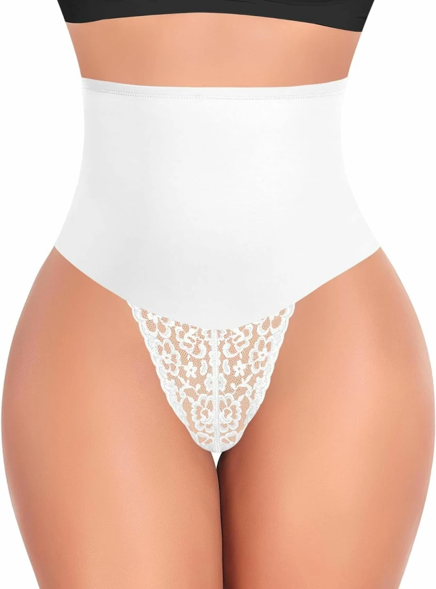 Werena Women's High Waisted Lace Thong Shapewear - Tummy Control Body Shaper Girdle Panties