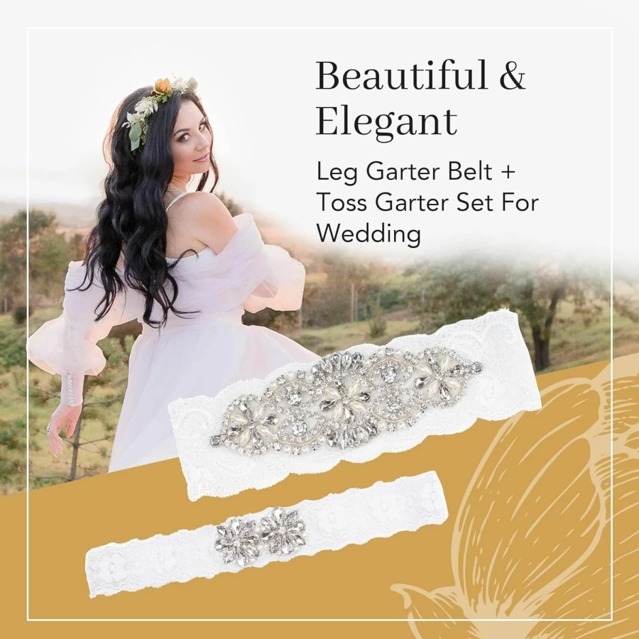 "Princess V Bridal Garter Set - White Lace Wedding Garter with Rhinestone & Pearl Details, Includes Toss Garter & Cloth Bag"