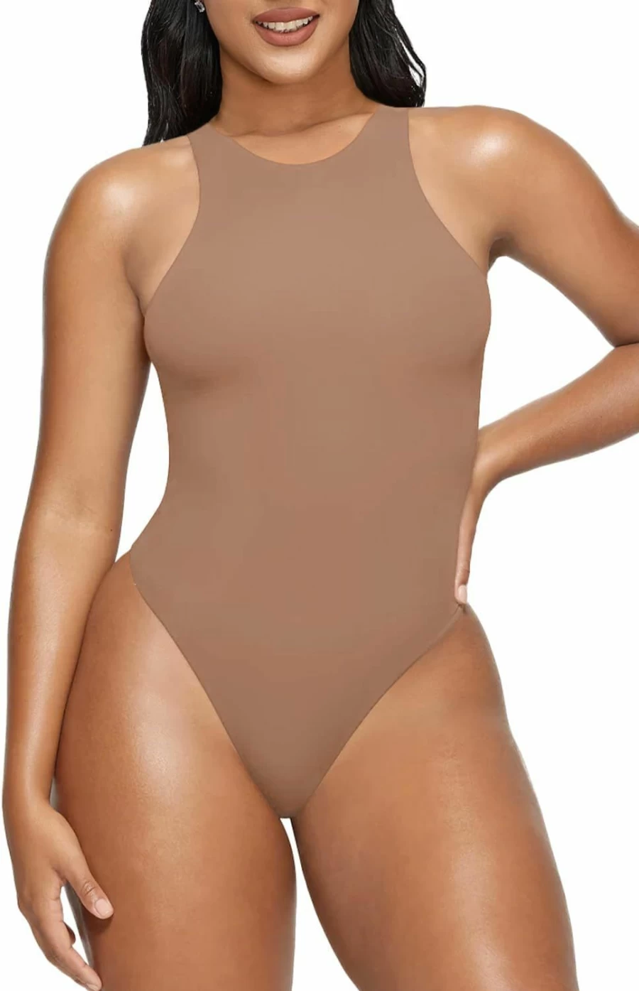 YIANNA Women's Crew Neck Bodysuit - Second-Skin Feel Thong T-Shirt Top Stretchy Comfortable Body Suits