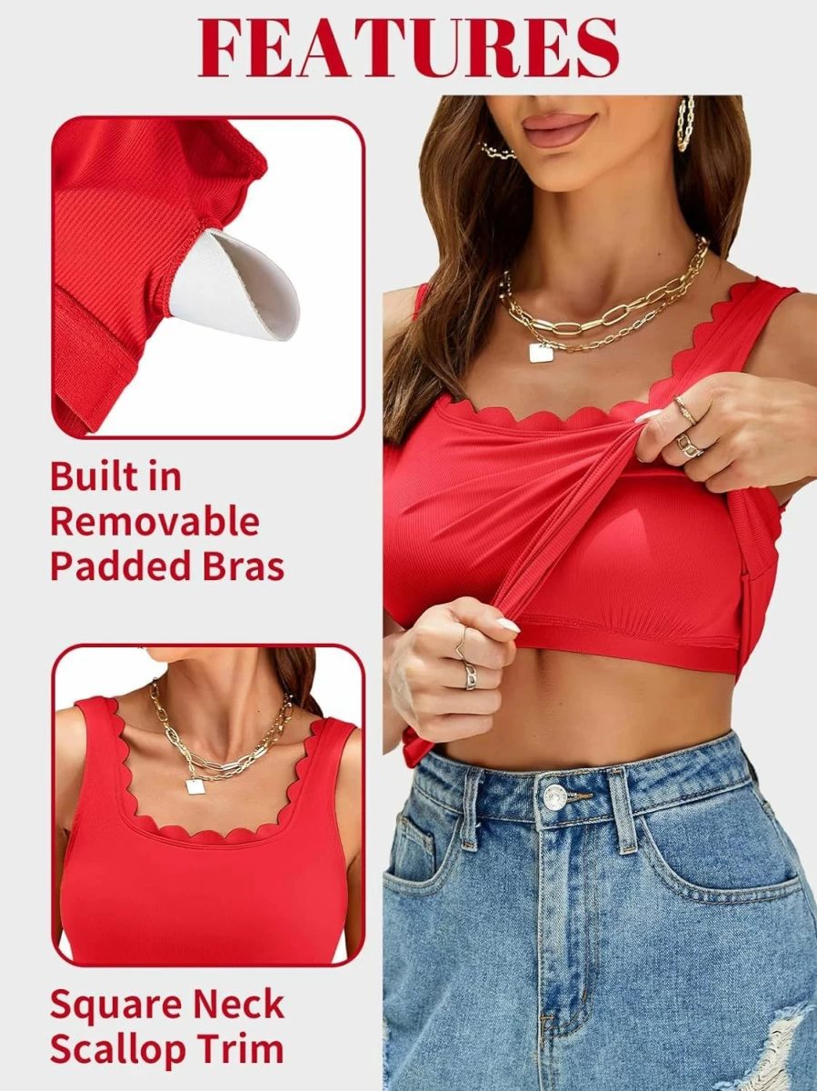 "V FOR CITY Women's Summer Scallop Trim Camisole Top with Built-In Bra - Basic Tank Undershirt"