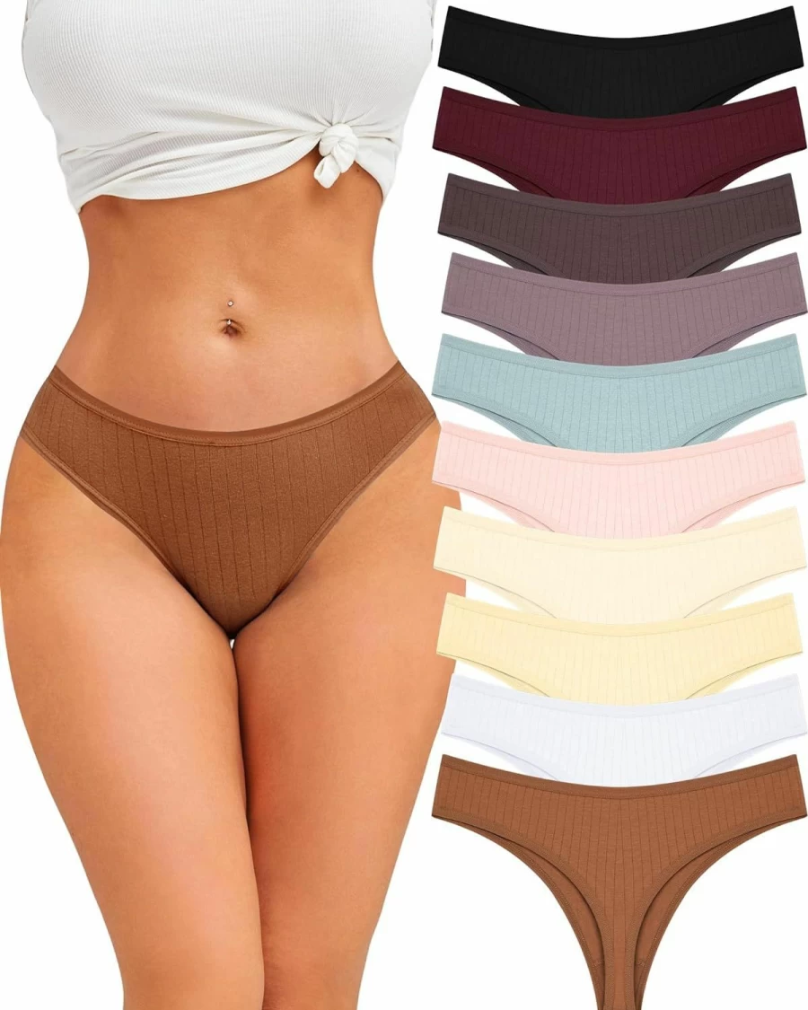 FINETOO Women's Cotton Thongs 10 Pack - Breathable Low Rise Bikini Underwear Sexy Panties S-XL Comfortable Soft Ladies Underwear