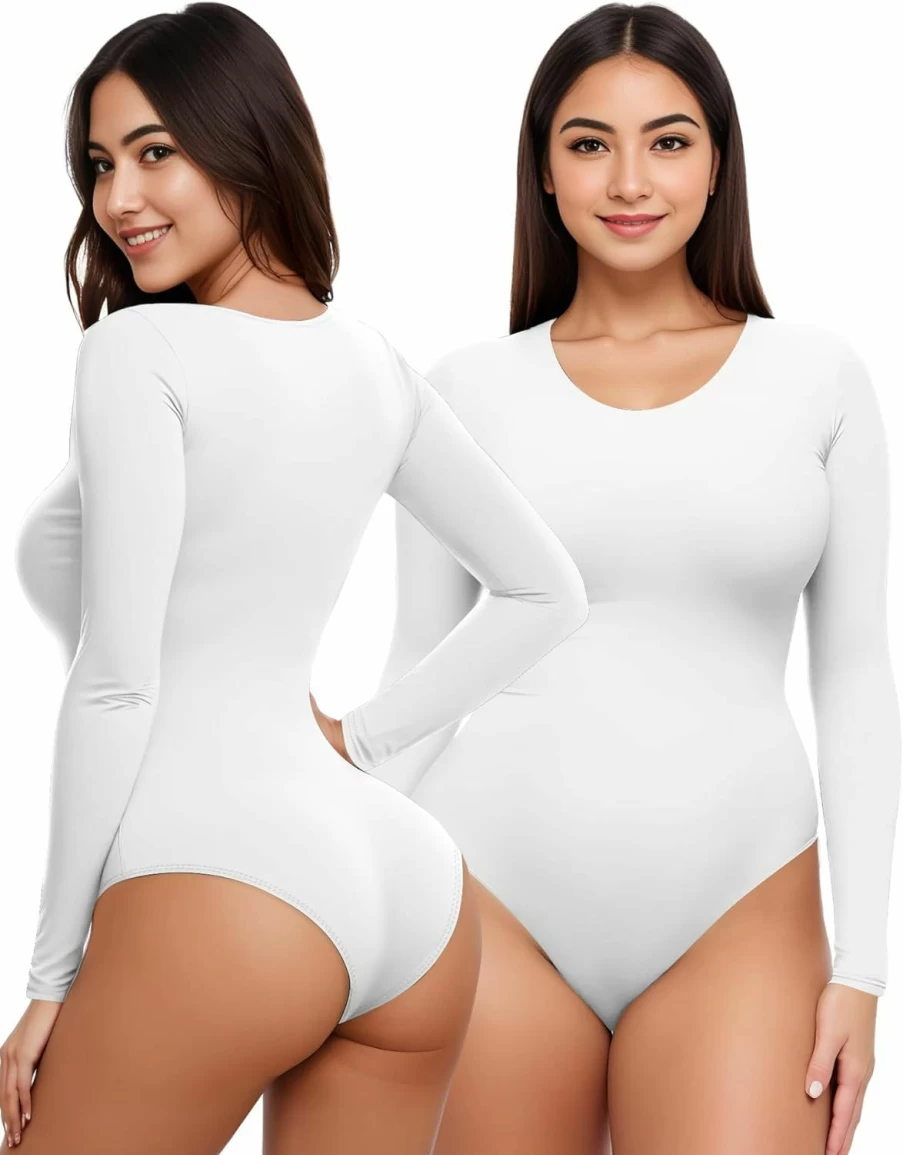 YOGINGO Women's Long Sleeve Bodysuit - Crew Neck Basic Leotard Top for Women, Stretchy Jumpsuit for Comfort & Style