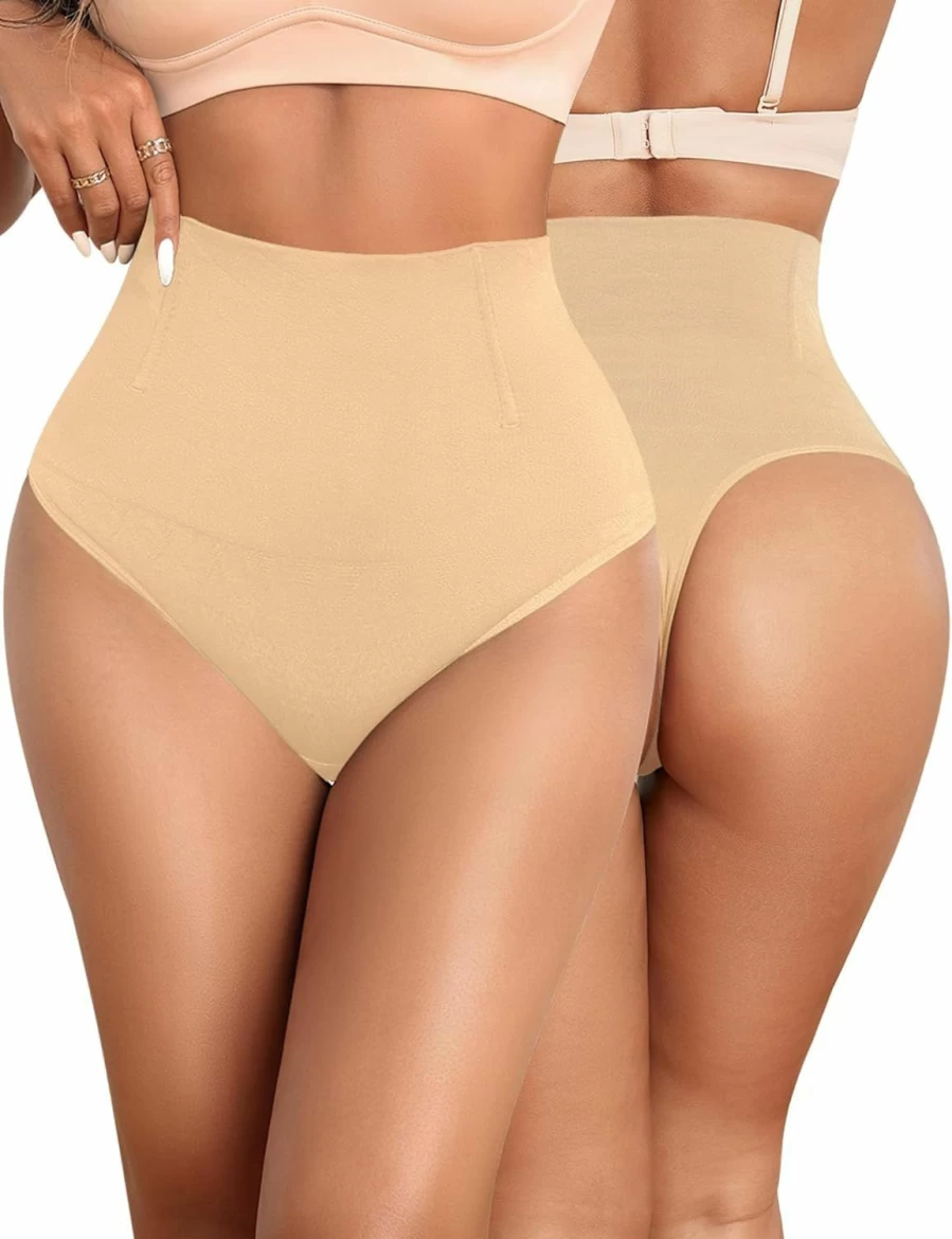 Yeblues High Waist Tummy Control Shapewear Thong for Women - 2 Pack Seamless Body Shaper Panties Girdle Waist Trainer Fajas