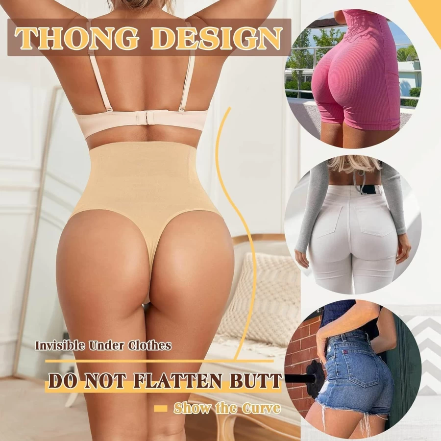 Yeblues High Waist Tummy Control Shapewear Thong for Women - 2 Pack Seamless Body Shaper Panties Girdle Waist Trainer Fajas