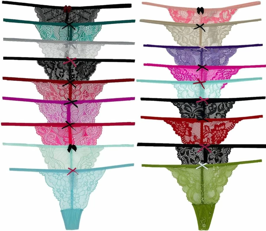"COLOROSES 6-Pack Women's Lace G-String Thong Panties - No Show, Sexy Assorted Lace Designs & Colors"