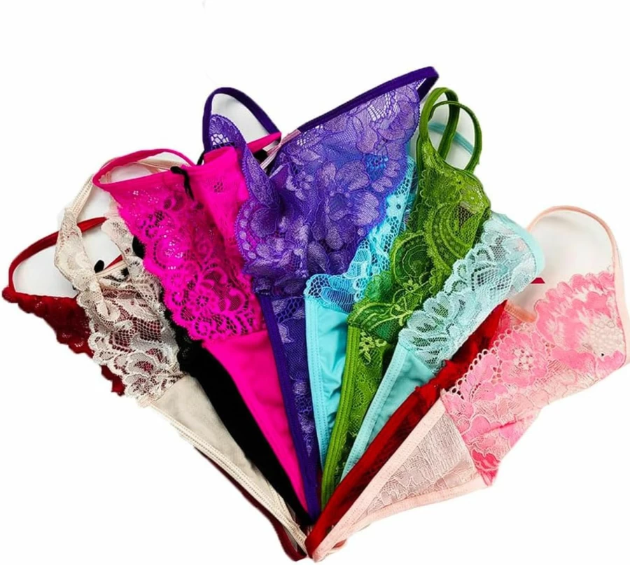 "COLOROSES 6-Pack Women's Lace G-String Thong Panties - No Show, Sexy Assorted Lace Designs & Colors"