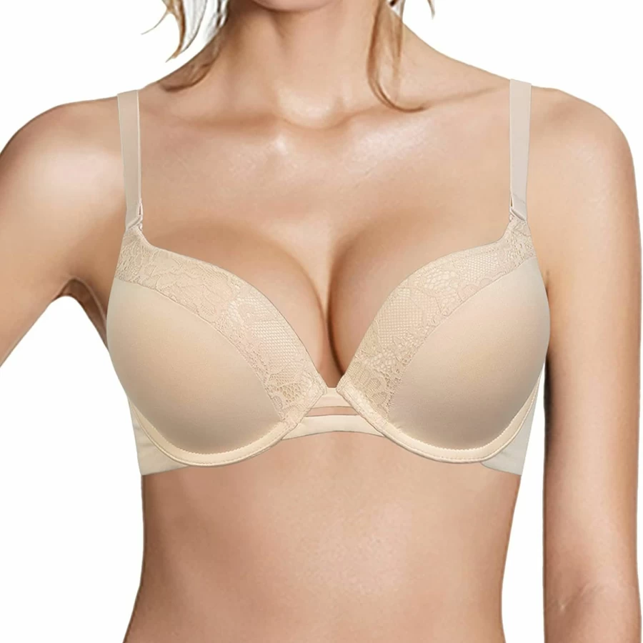 Pushlus Women's T-Shirt Bra with Thick Padded Plunge, Underwire Lift & Lace Detail for Added Support (+1 Cup Size)