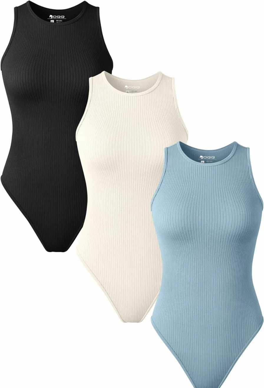OQQ Women's Sexy Sleeveless Bodysuit 3-Piece Set - Stretch Crew Neck Tank Tops