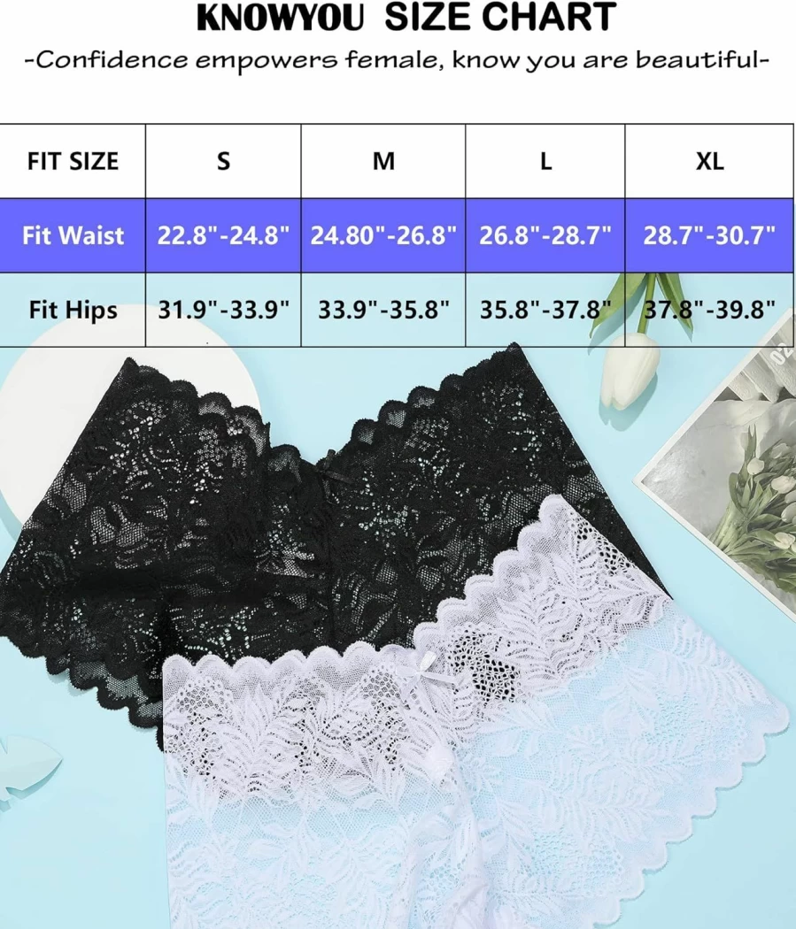 Knowyou Women's Lace High Waist Cheeky Panties 5/10 Pack - Sexy V-Waist Underwear Shorts for Women