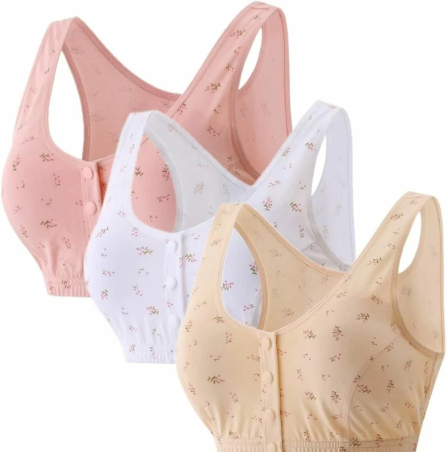 3Pack MIXZONES Wireless Comfort Bra for Women, Front Closure Cotton Bra with Floral Design, Supportive Undergarment for Middle-Aged & Elderly, Ideal Gift for Mom Grandma
