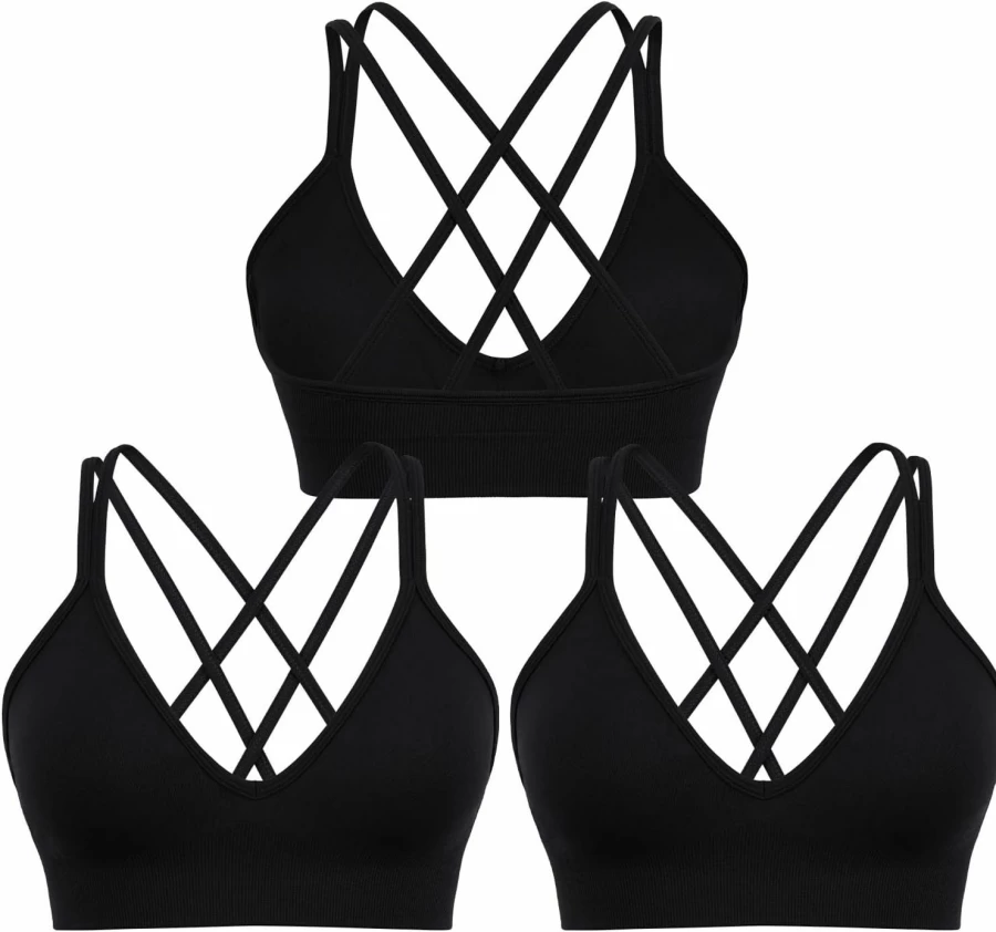 Sicoozoe Women's V-Neck Criss Cross Sports Bra 3 Pack - Seamless Padded Yoga Bras for Workout & Gym Fitness