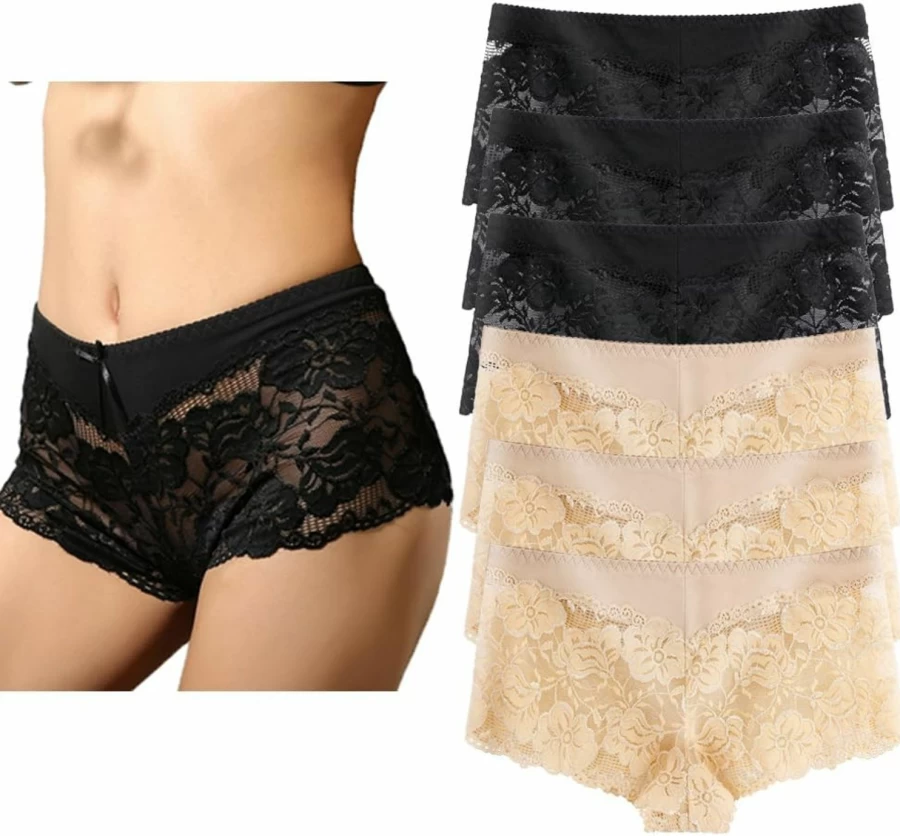 YaoKing Women's Lace Boyshort Panties 6-Pack - Sexy Hipster & Cheeky Underwear for Regular & Plus Size
