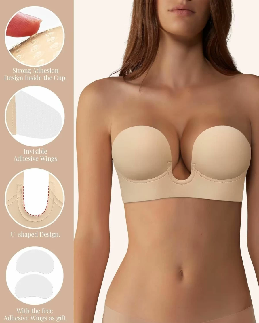 YODOOLTLY Push Up Sticky Bra - Invisible Strapless Adhesive Bra for Deep V Neckline, Reusable No Show Bra for Wedding Dresses and Evening Gowns