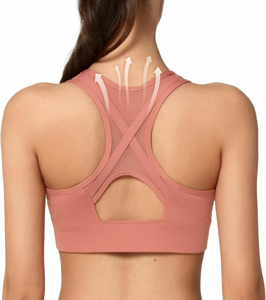 Yvette High Support Zip Front Sports Bra for Women - Mesh Racerback Workout Bra for Large Breasts
