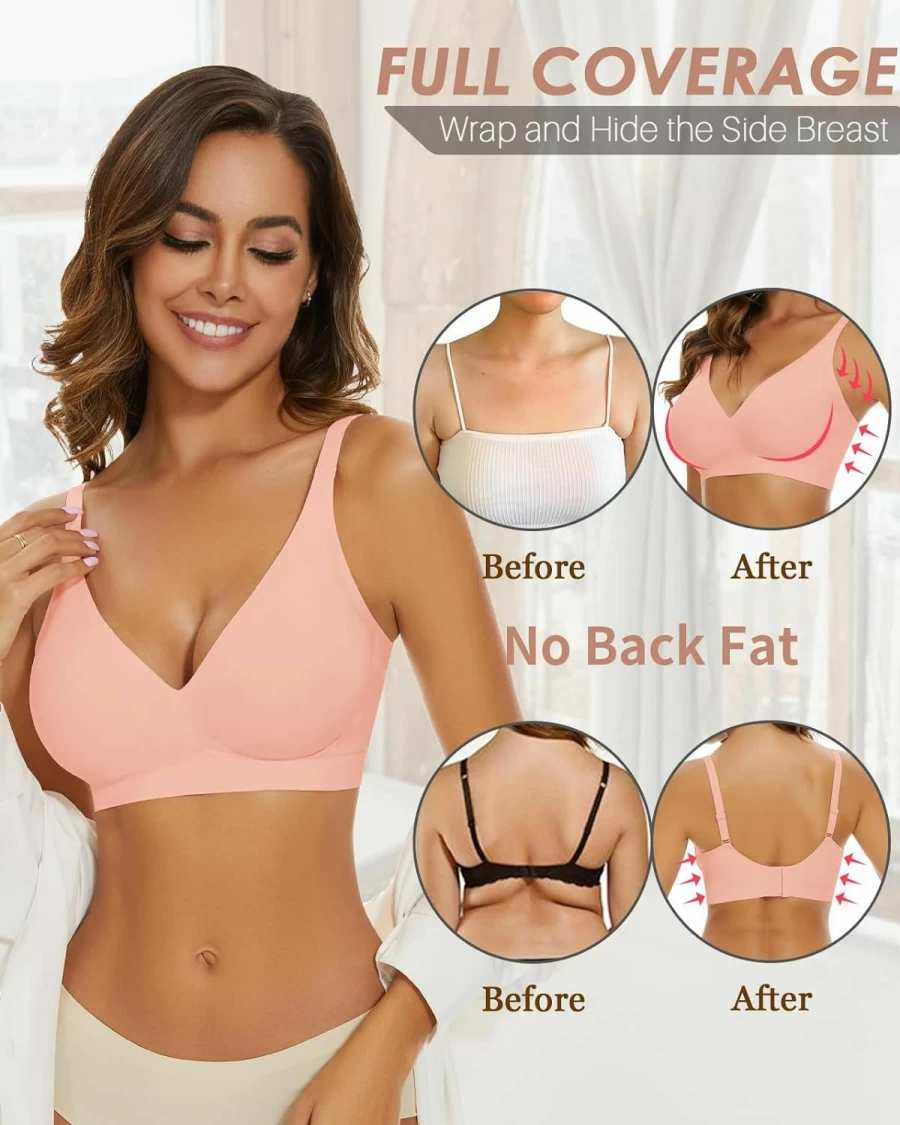 WOWENY Wireless Plunge Bra for Women - Seamless Comfort, Supportive Deep V Bralette, No Underwire Smooth Design