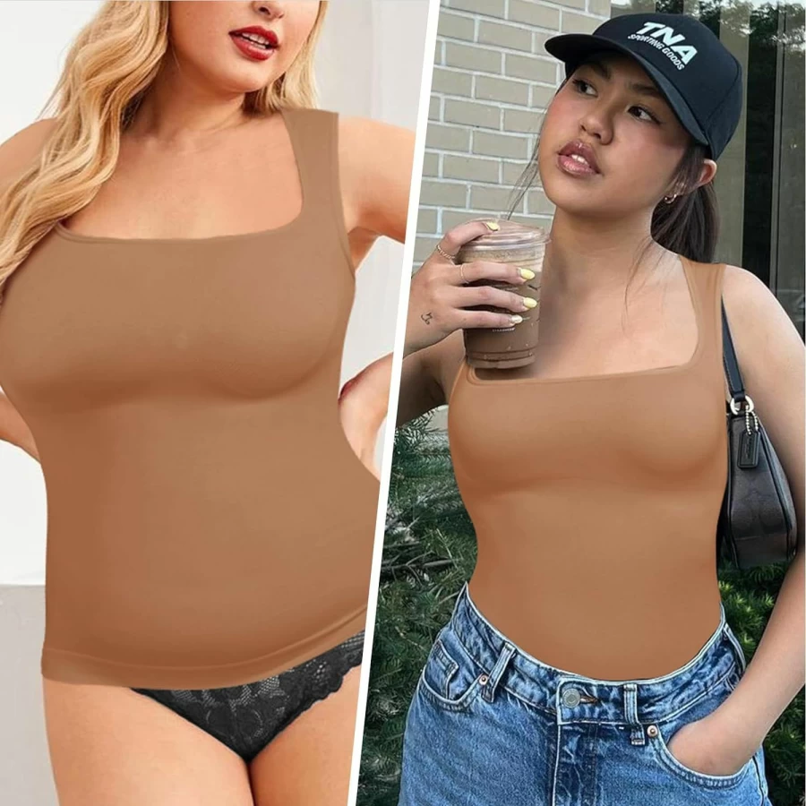 6pecil Women's Seamless Shapewear Tank Top - Tummy Control Compression Cami with Square Neck