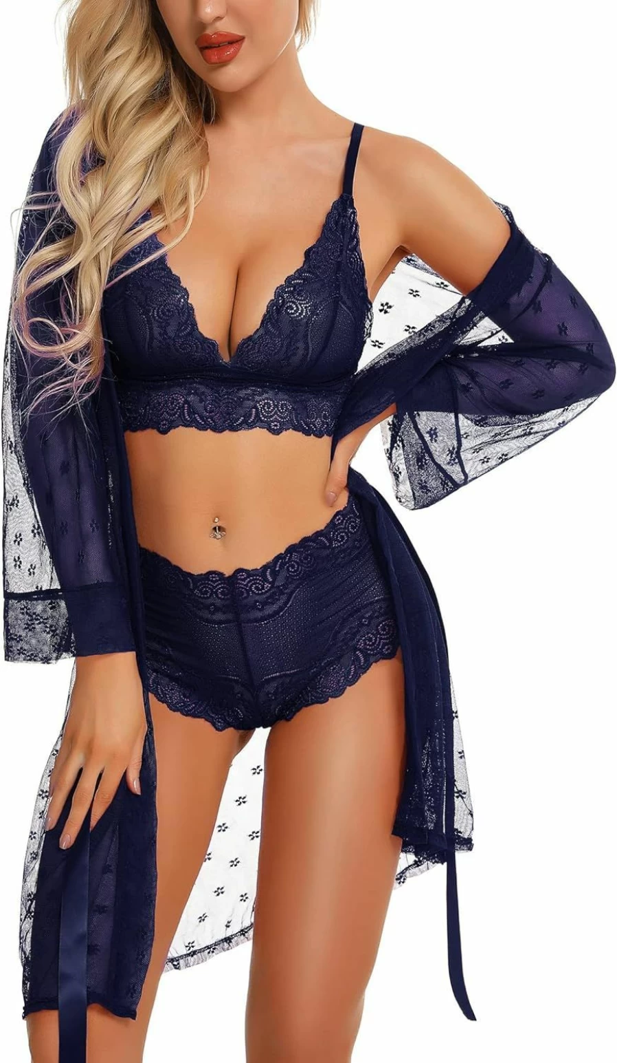 RSLOVE Women's Lace Kimono Robe & Lingerie Set - 3 Piece Sheer Sleepwear with Bra & Panty