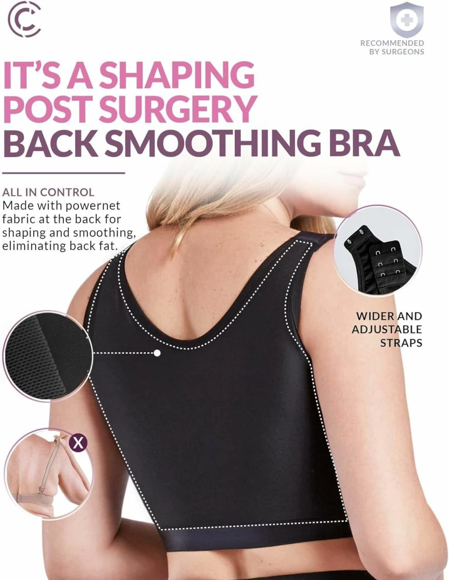 "CURVEEZ Post-Surgery Front Closure Wireless Bra - Compression Shapewear for Breast Augmentation Recovery with Wide Straps"