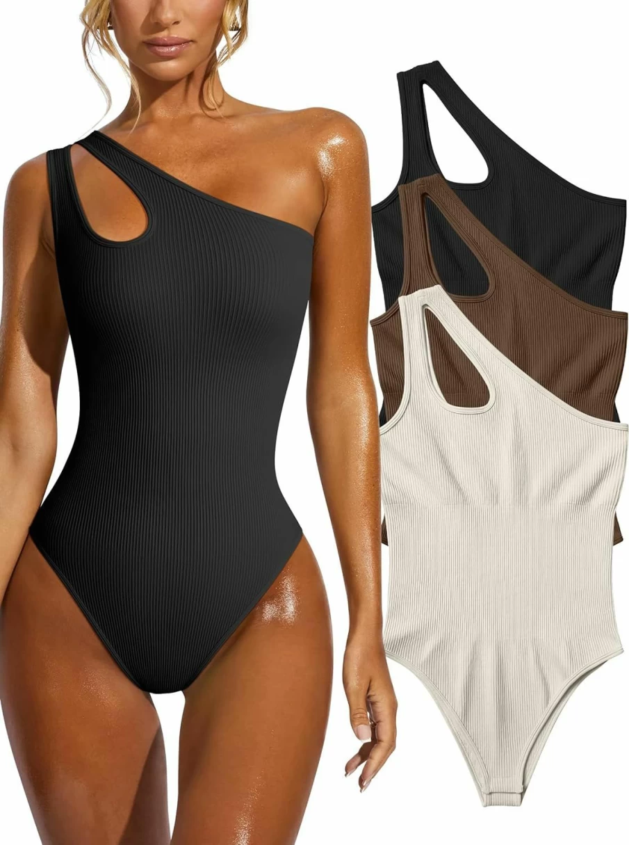 OQQ Women's Sexy Ribbed Bodysuit - Sleeveless One Shoulder Tank Top for Workout & Exercise