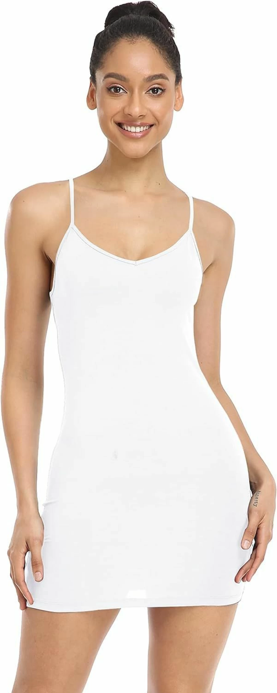 Qaffier Women's Adjustable Spaghetti Strap V-Neck Slip Dress - Lightweight Camisole Mini Underdress