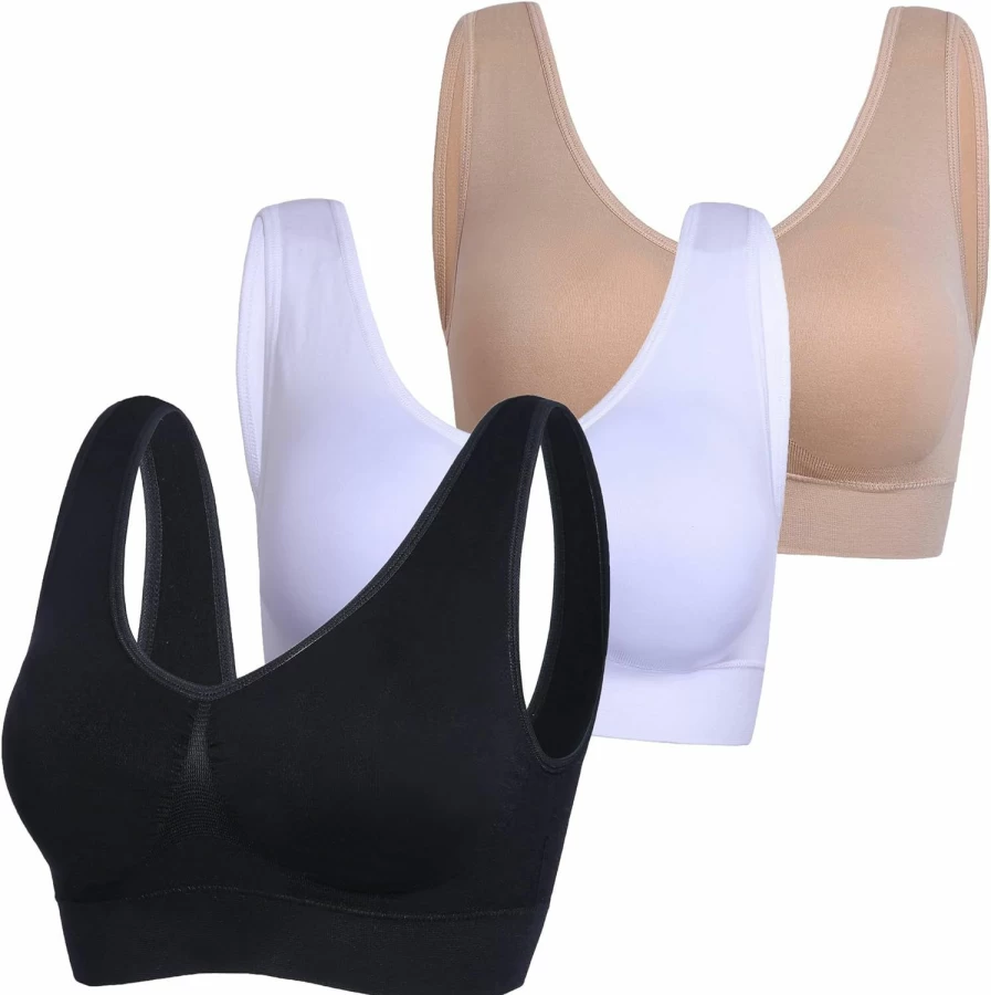 PRETTYWELL Women's Comfortable Seamless Wireless Sports Bra 3-Pack - Stretchy Yoga Bras with Removable Pads for Sleep and Active Wear