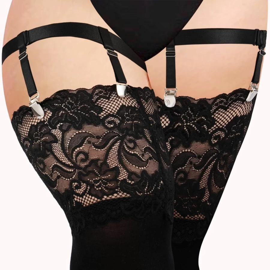 "Moon Wood Women's Plus Size Adjustable Thigh Garter Belt & Stockings Set - High Elastic Lingerie"