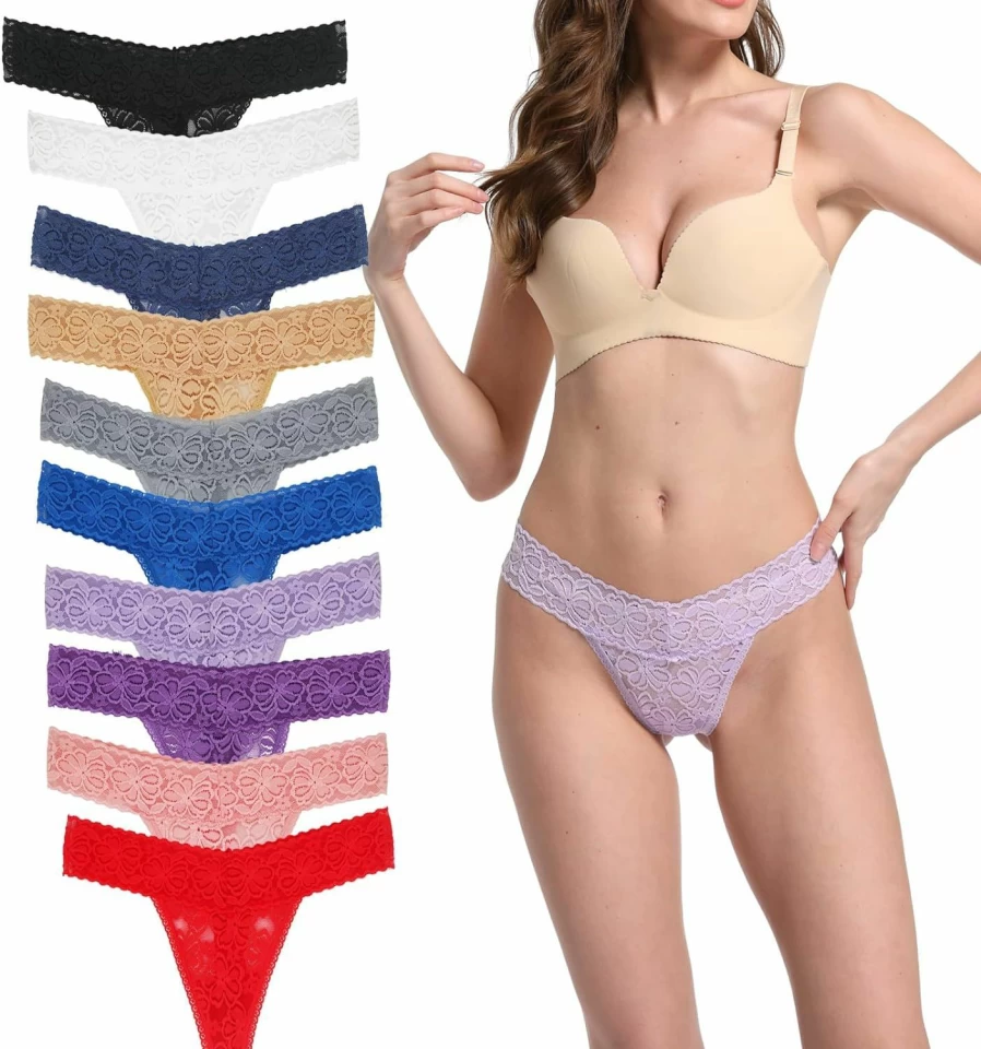 Yuamose Women's Sexy Lace Thongs Multipack - T-Back Low Waist Seamless V-Shape Panties for Comfort & Style