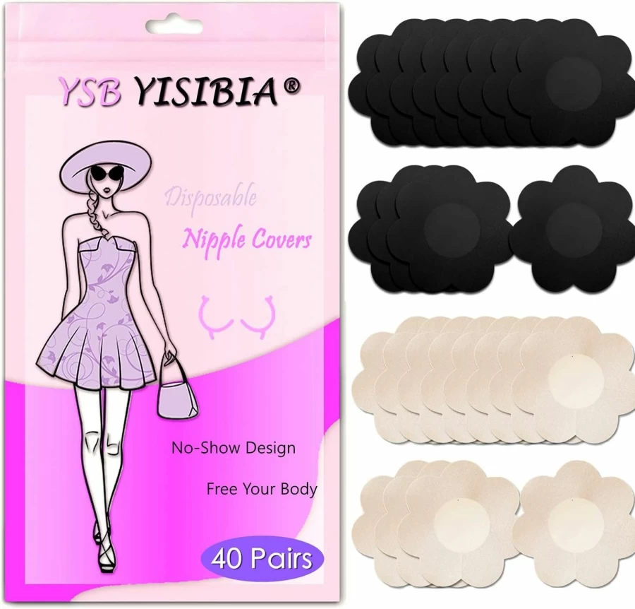 YSB YISIBIA 40 Pairs Disposable Nipple Covers for Women - Invisible, Natural Satin Pasties, Sticky Breast Petals for Comfort & Coverage