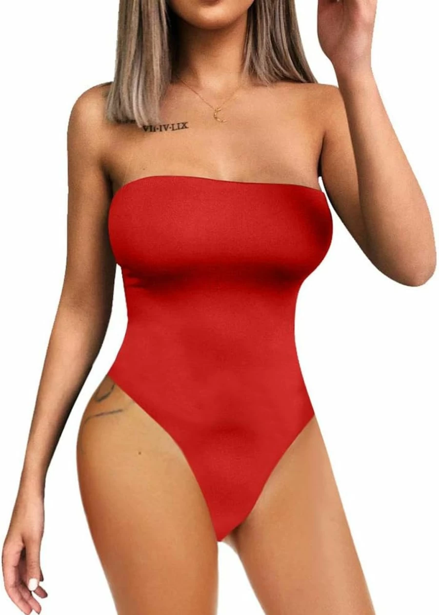 YMDUCH Women's Off Shoulder Strapless Bodysuit - Sexy Triangle Leotard One Piece for Women