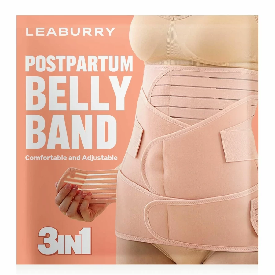 Leaburry Postpartum Belly Wrap - 3-in-1 Postpartum Support Belt for Waist Recovery, Posture Corrector & Abdominal Binder (Beige, Size L, Fits 29-37 Inch Waist)