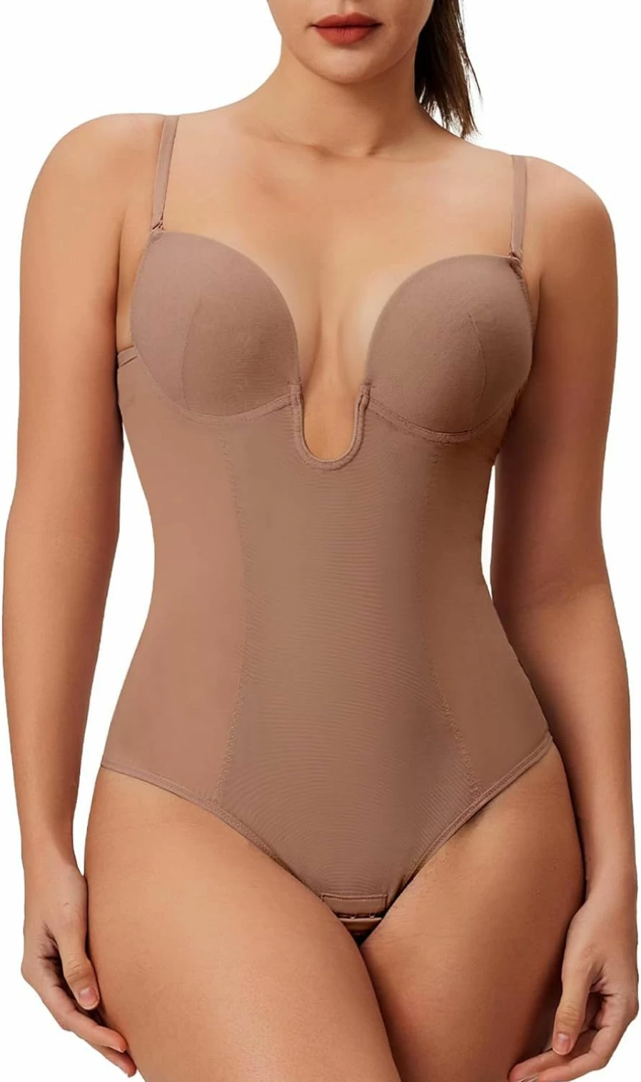 "Slimers Women's Thong Shapewear - Tummy Control Bodysuit with U Plunge Backless Design & Open Crotch for Comfort"